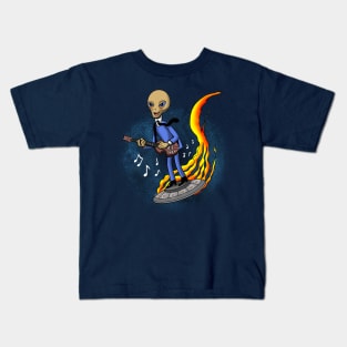 Cute Retro Vintage Alien Musician Riding UFO Gift For Alien And Music Lovers Kids T-Shirt